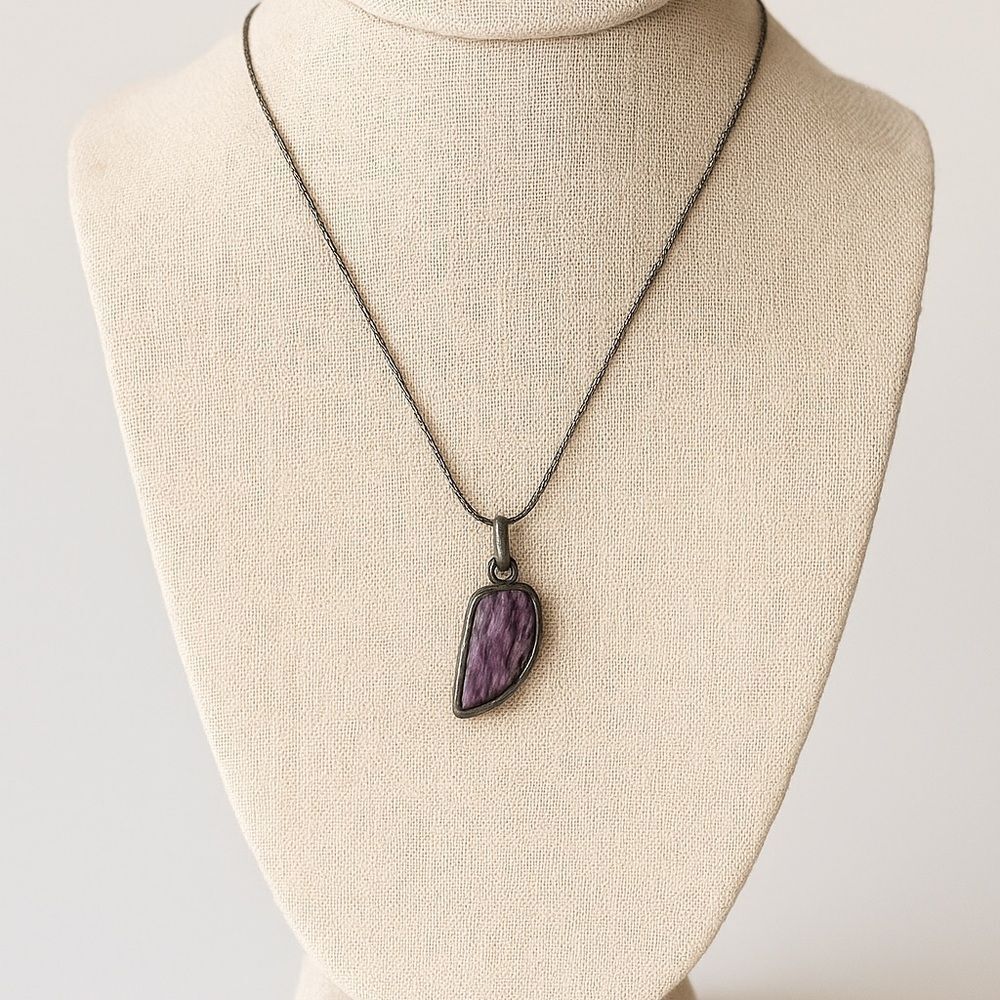 Vintage Sterling Silver Charoite Pendant w/24" Italian SS Snake Chain
